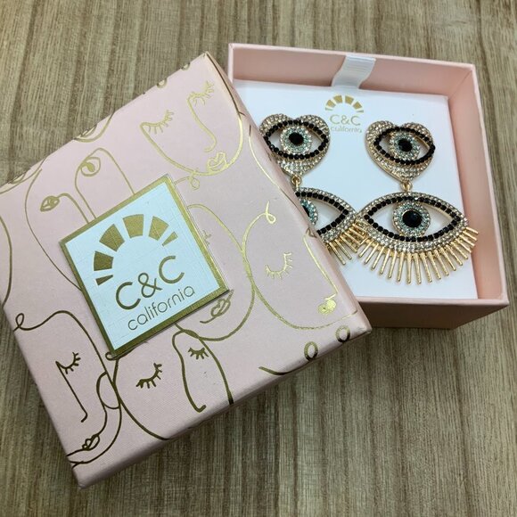 C&C California NIB Evil Eye Heart Dangling Rhinestone Stud Earrings - Picture 3 of 6